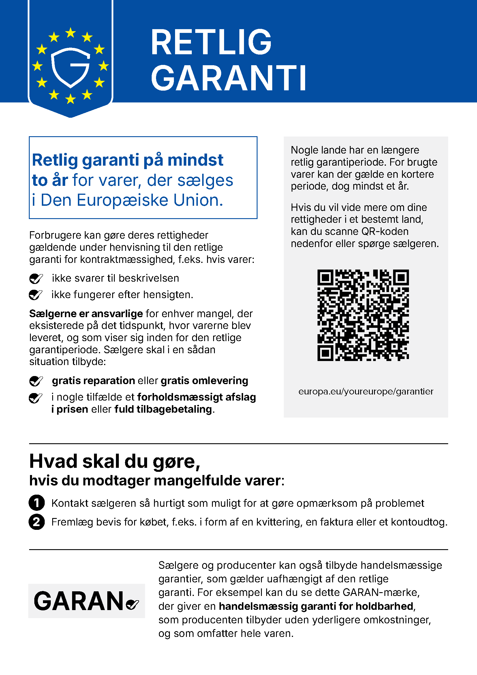 EU-vejledning om lovbestemt garanti med forbrugerrettigheder og QR-kode