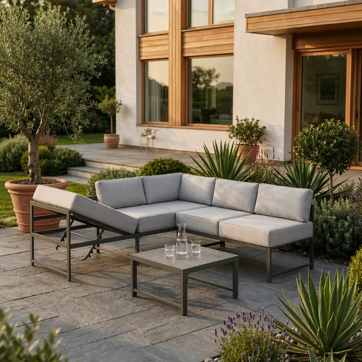 Moderne grå lounge-hjørne med sofabord på en stenterrasse foran en boligblok.