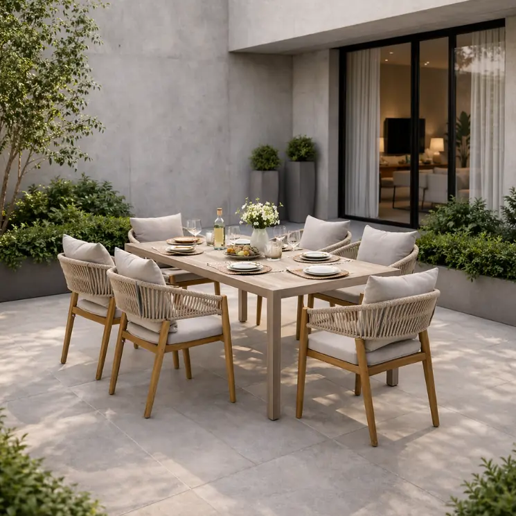 Et træbord med seks stole med flettet reb på en lys, moderne terrasse.