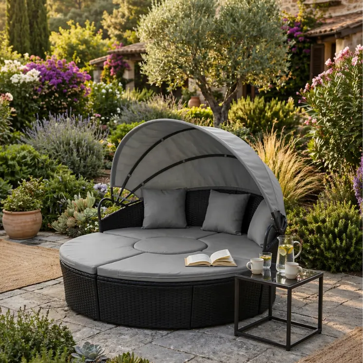 En rund, mørk solstol med gråt solsejl i en blomstrende have.