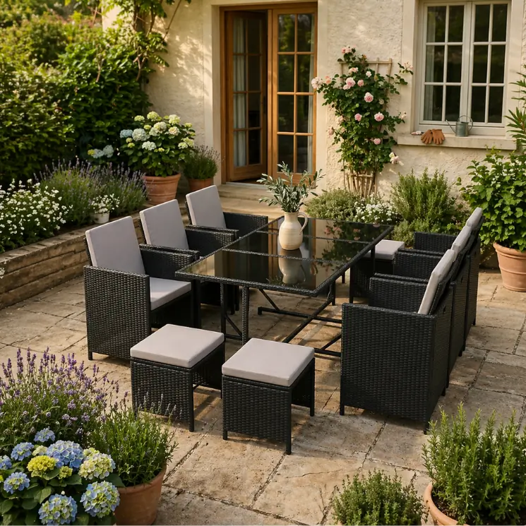 Sort polyrattan-spisegruppe med glasplade og taburetter i den idylliske have.