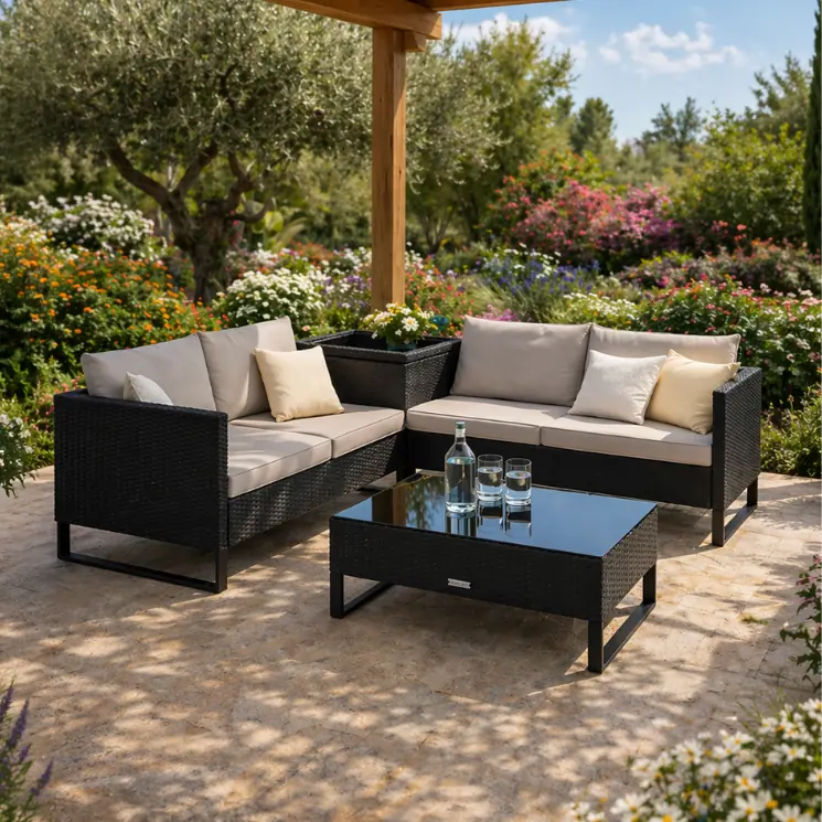 Hjørnesofa i sort flet med lyse puder og matchende sofabord.