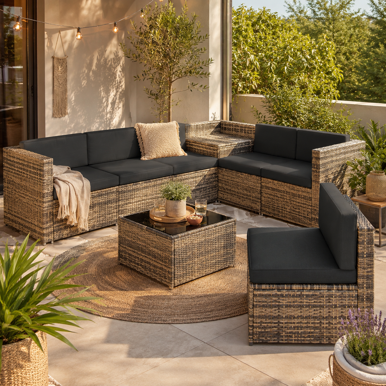 Rattan loungesæt med bord og grå hynder på en terrasse