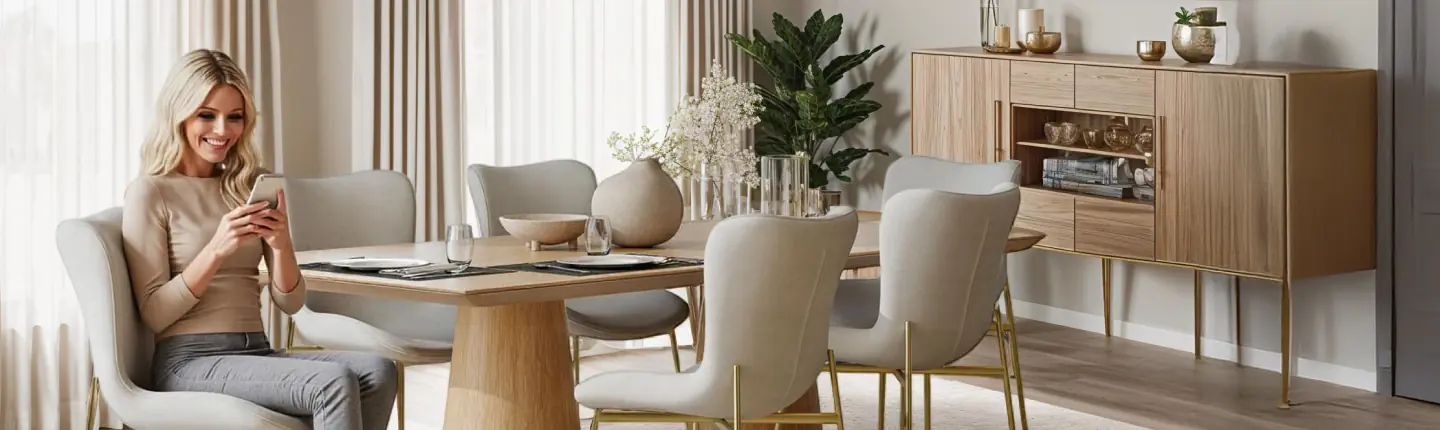 Find stilfulde møbler til dit hjem hos tectake – design og komfort til en fair pris Moderne spisestue med lyst træbord, elegante stole og en smilende kvinde med mobil – tectake boligindretning