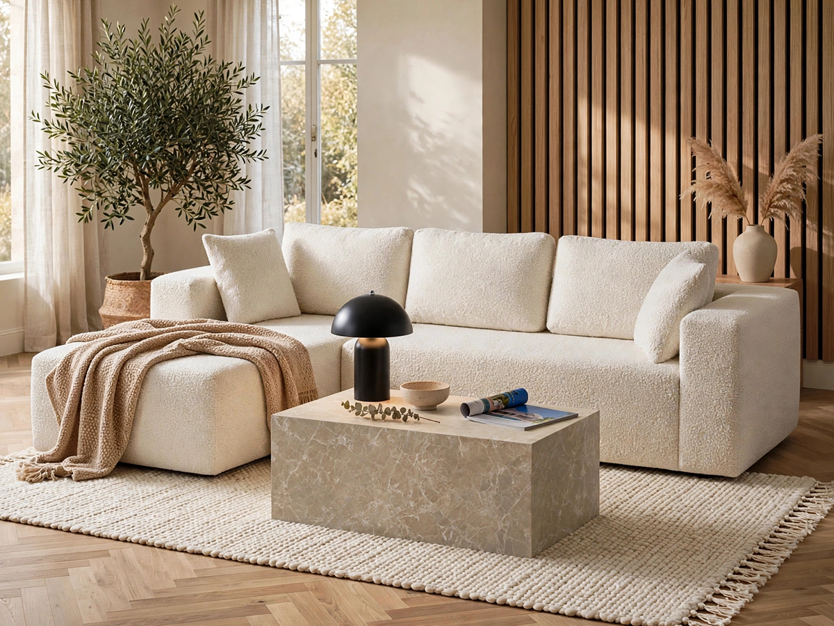 Moderne stue med lys sofa, sofabord og stilfuld indretning