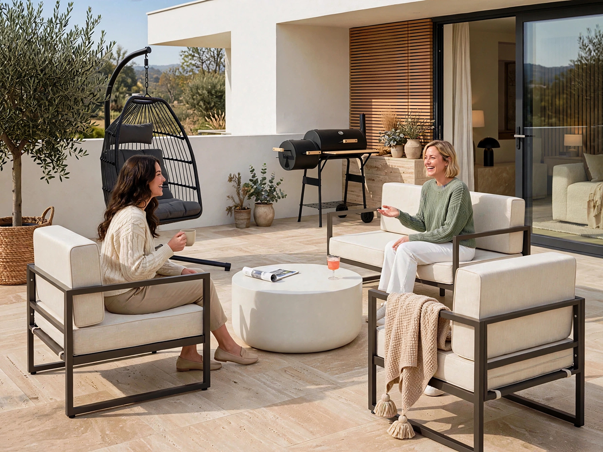 Moderne terrasse med havemøbler, hængekøje og grill