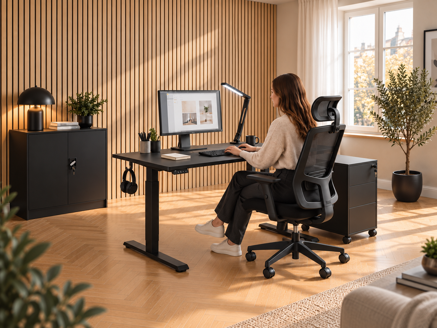 Moderne hjemmekontor med skrivebord, kontorstol og sort opbevaringsplads.